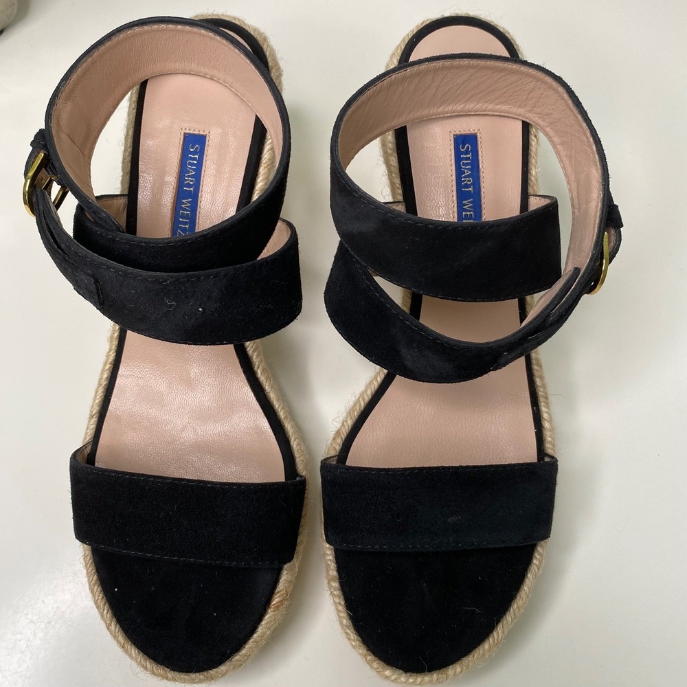 Stuart Weitzman Lexia Espadrille Wedge Sandal Ankle Strap Black Suede Size 8 - Picture 5 of 13